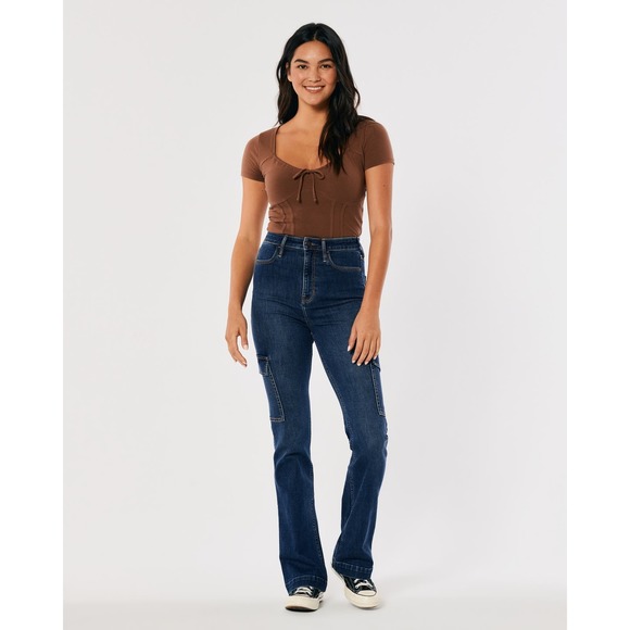 Highest Rise Dark Wash Cargo Bootcute Jeans Size 34W 33L #1355 - Picture 1 of 6